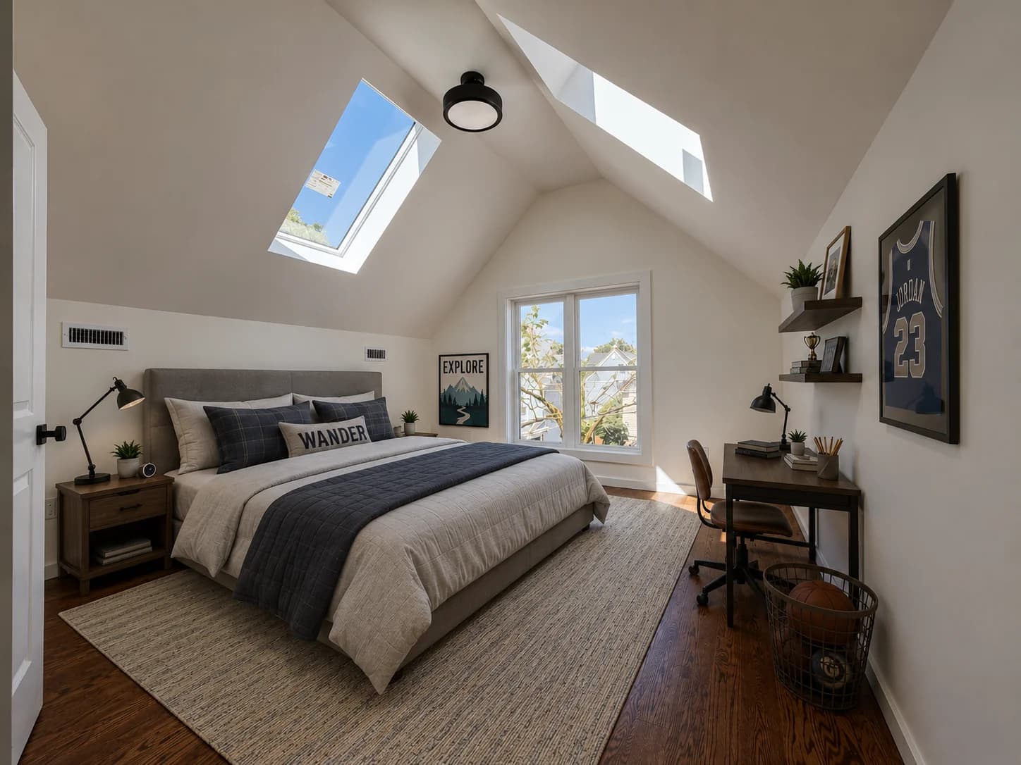 Upper-level bedroom beneath skylights