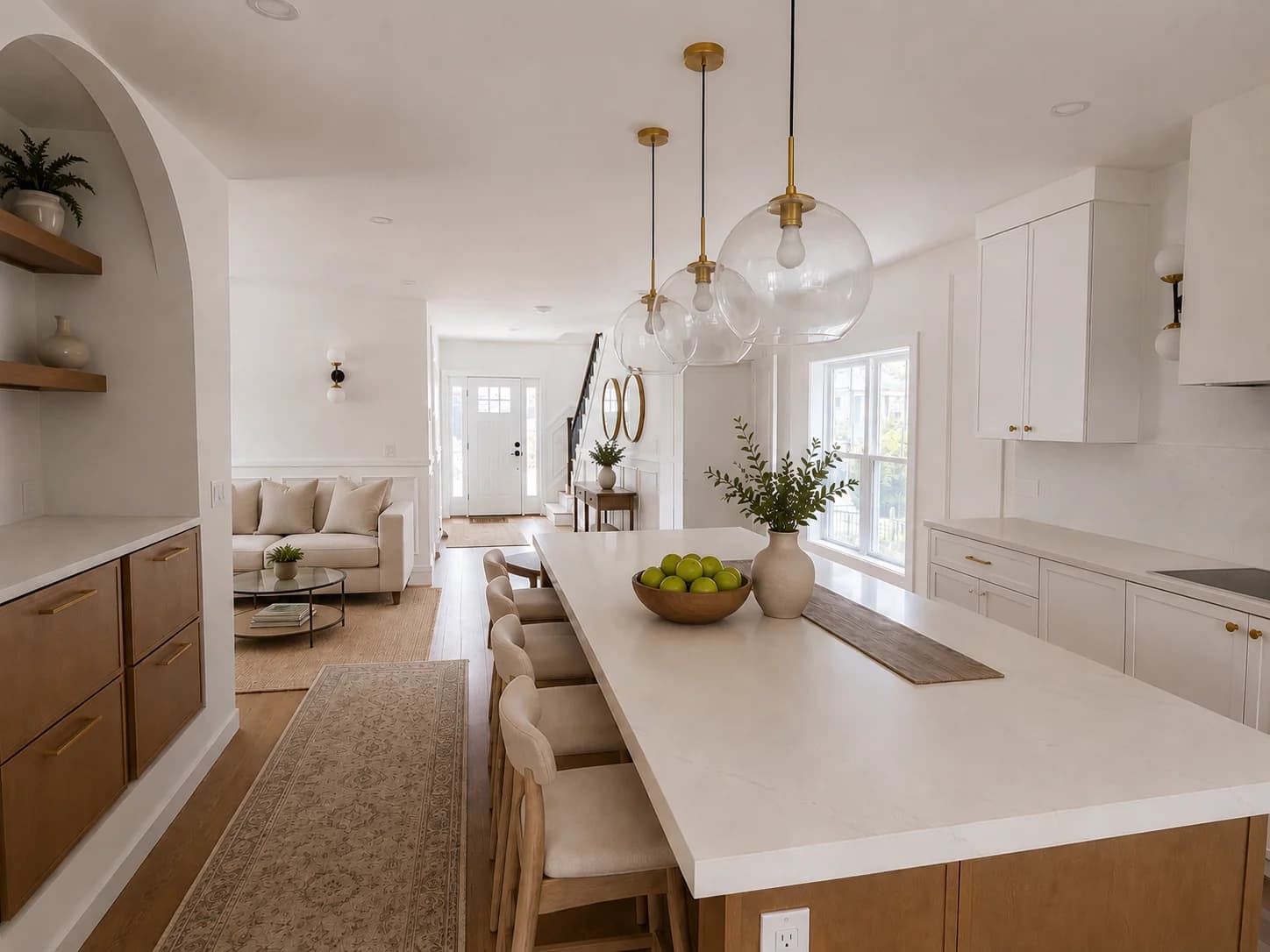 Kitchen island and statement lighting